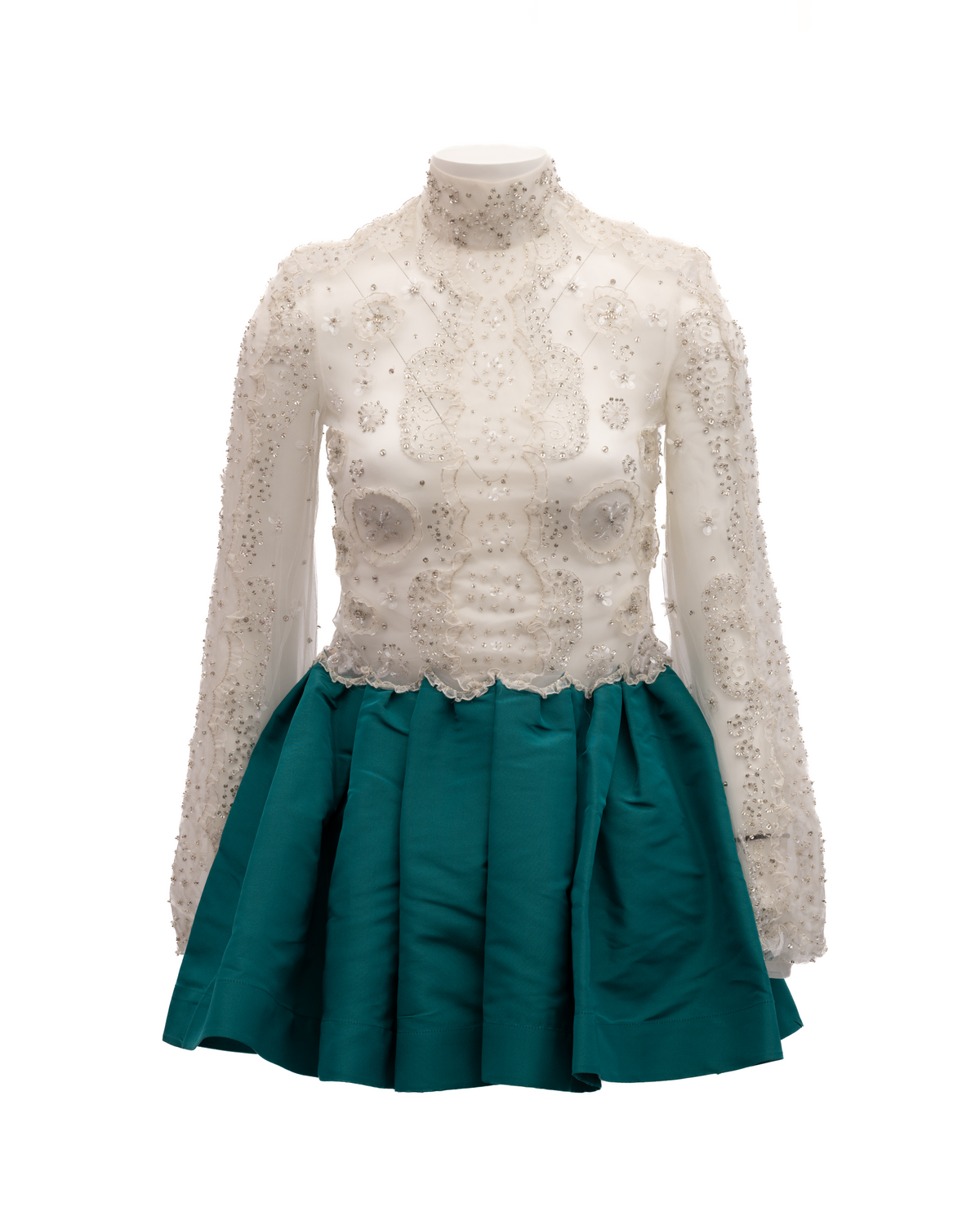 Valentino Garavani White Beaded Lace Mini Dress with Teal Skirt