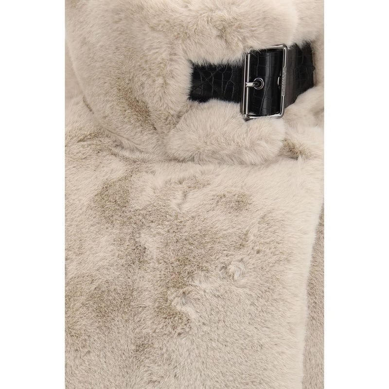 PINKO Beige Faux Fur Full-Length Jacket with Buckle