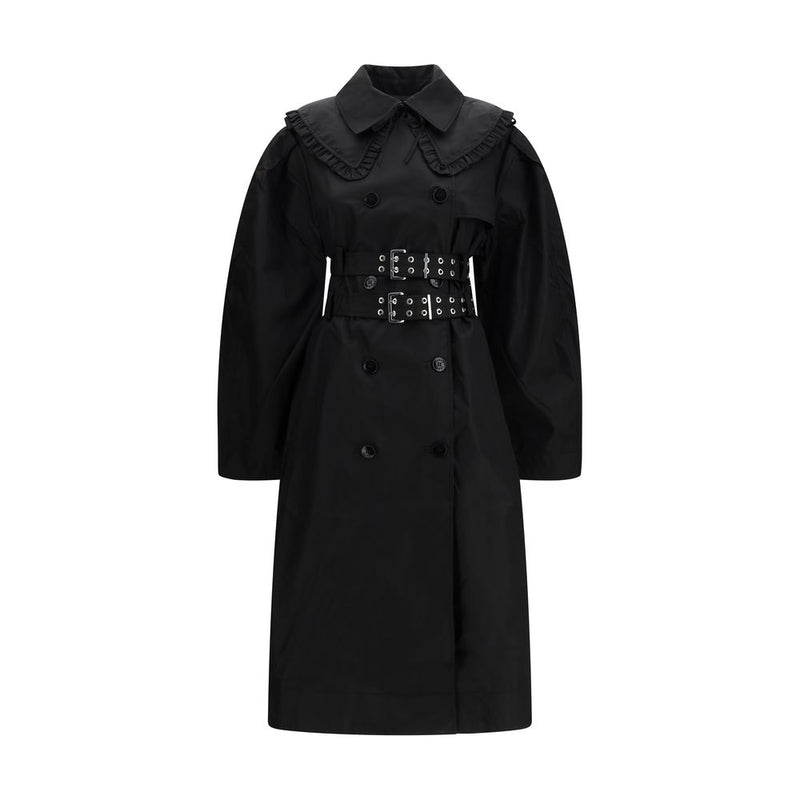 Ganni Black Nylon Coat - Double-Breasted with Ruffled Collar