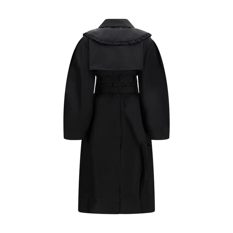 Ganni Black Nylon Coat - Double-Breasted with Ruffled Collar
