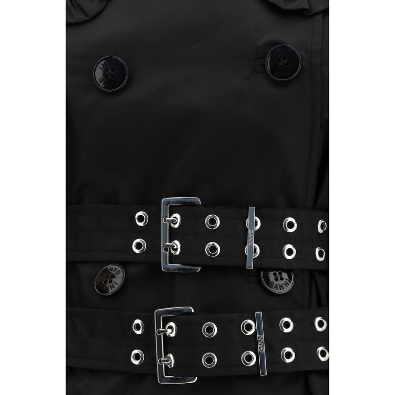 Ganni Black Nylon Coat - Double-Breasted with Ruffled Collar