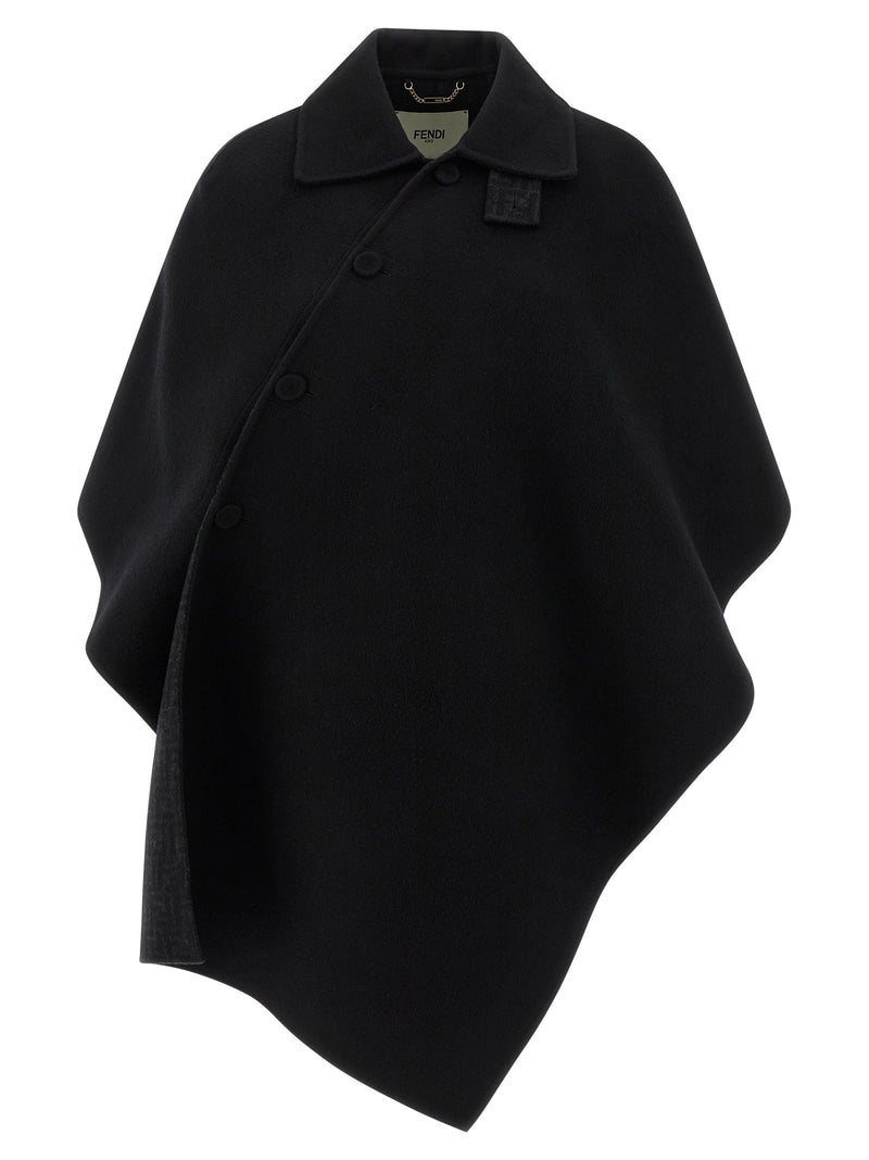 Fendi Black Virgin Wool Cape with FF Logo Lining