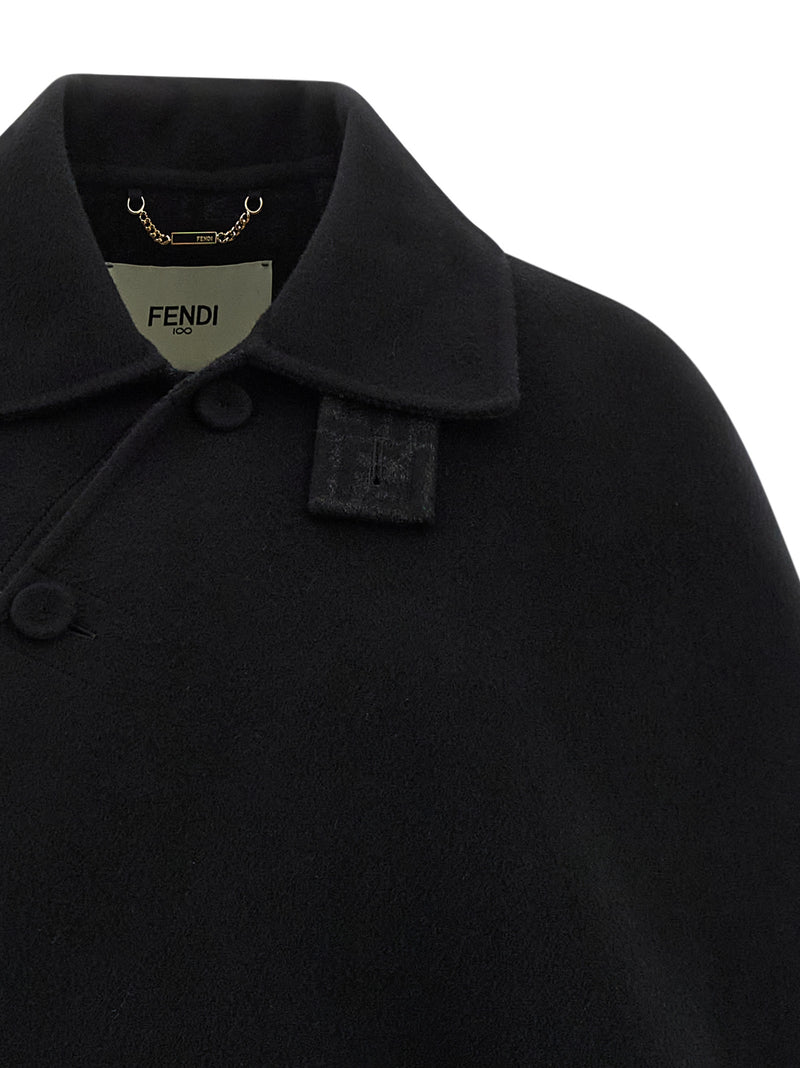 Fendi Black Virgin Wool Cape with FF Logo Lining