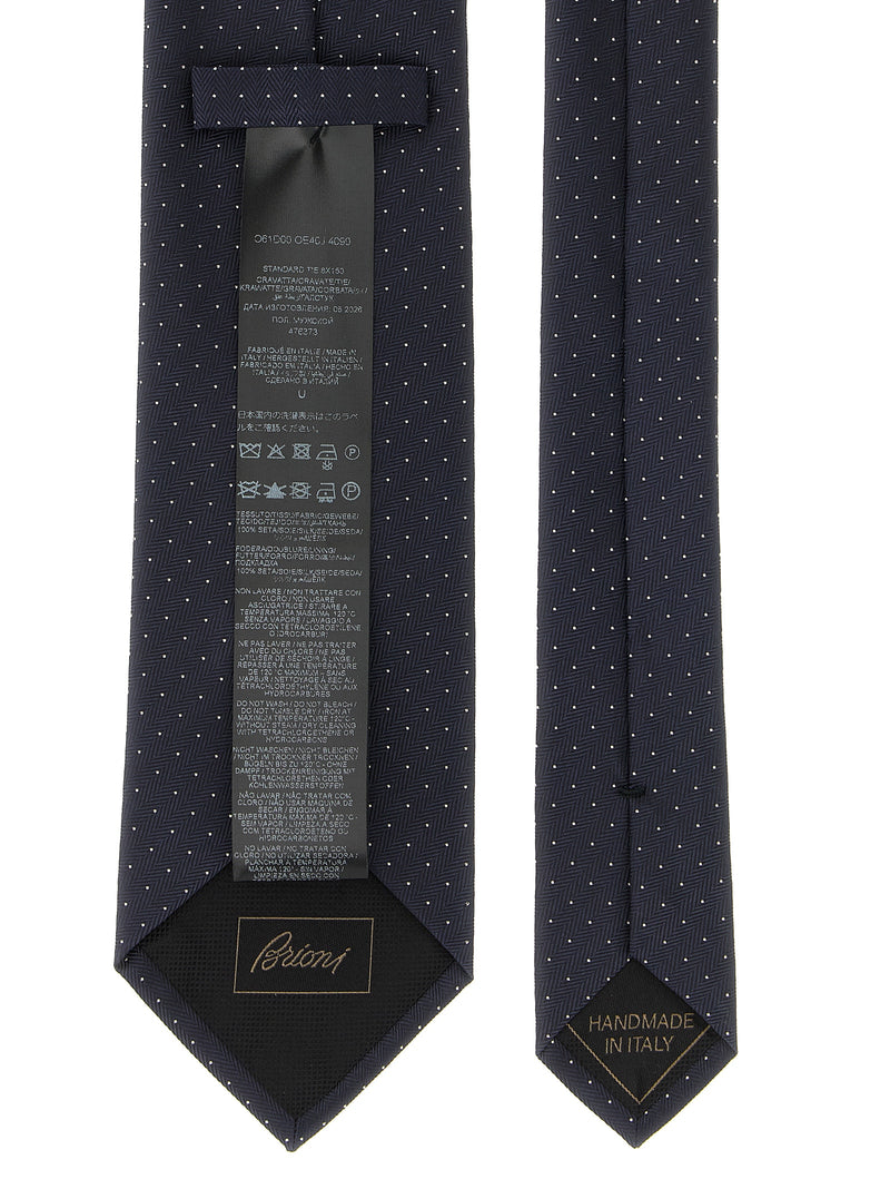 Brioni Blue Silk Tie - Herringbone Weave with Micro-Polka Dots