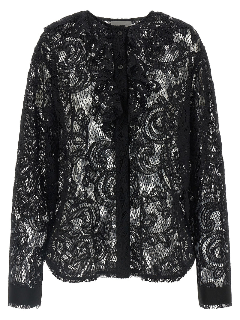NUDE Black Cotton Blouse with Floral Lace Detail