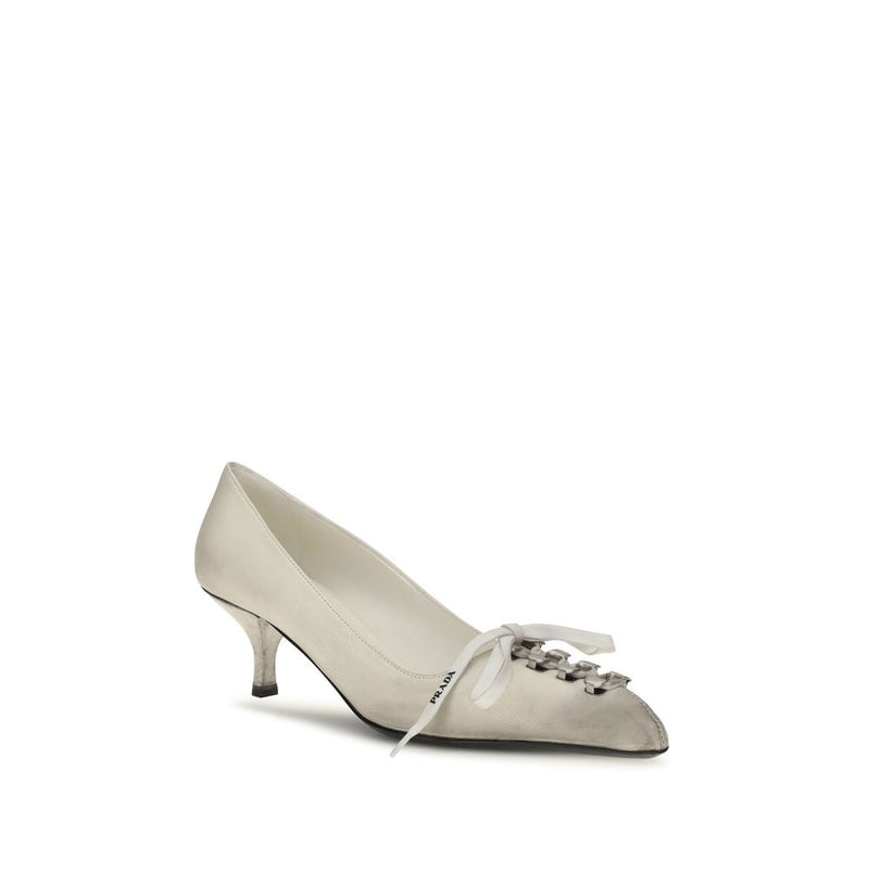 Prada White Calf Leather Bos Taurus Lace-Up Pumps