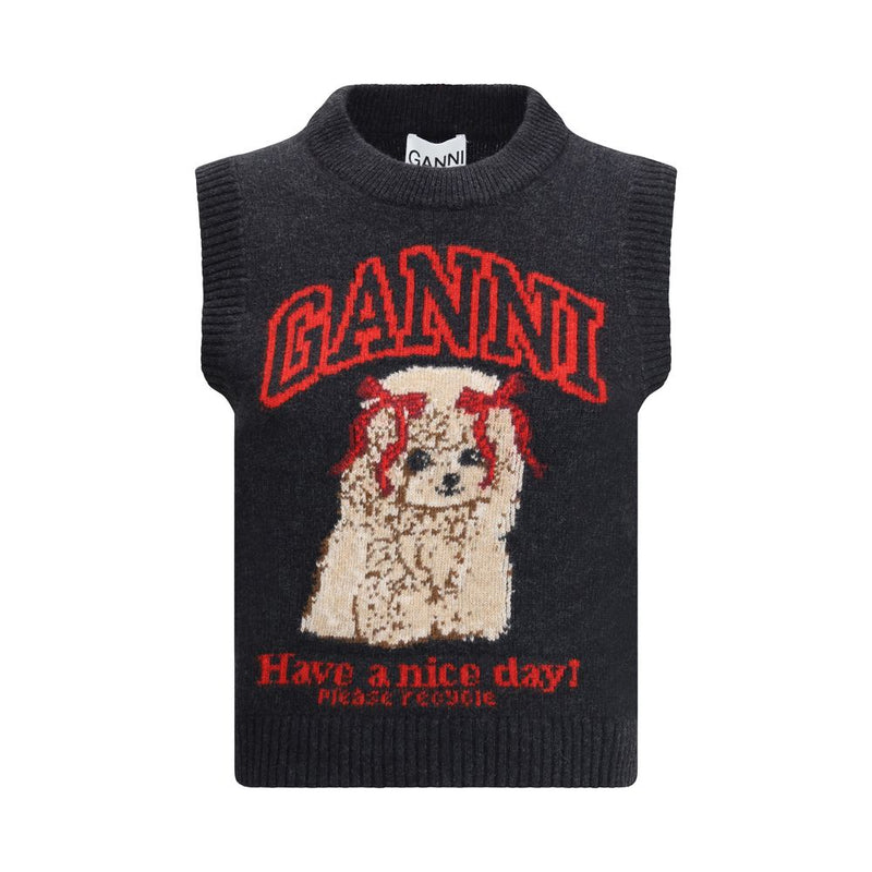 Ganni Black Wool Sleeveless Sweater - Graphic Design