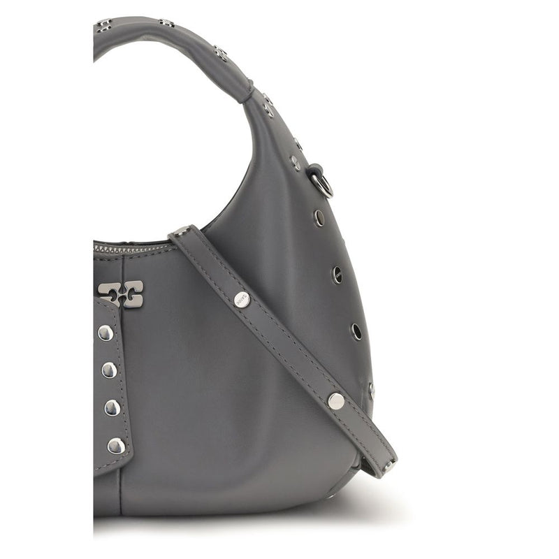 Ganni Mini Studded Gray Leather Shoulder Bag