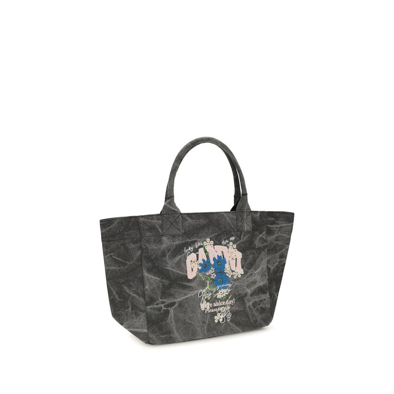 Ganni Gray Cotton Shoulder Bag - Medium Trapeze Floral Print