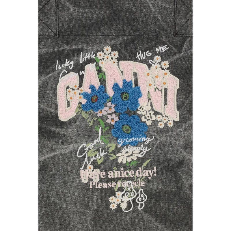 Ganni Gray Cotton Shoulder Bag - Medium Trapeze Floral Print