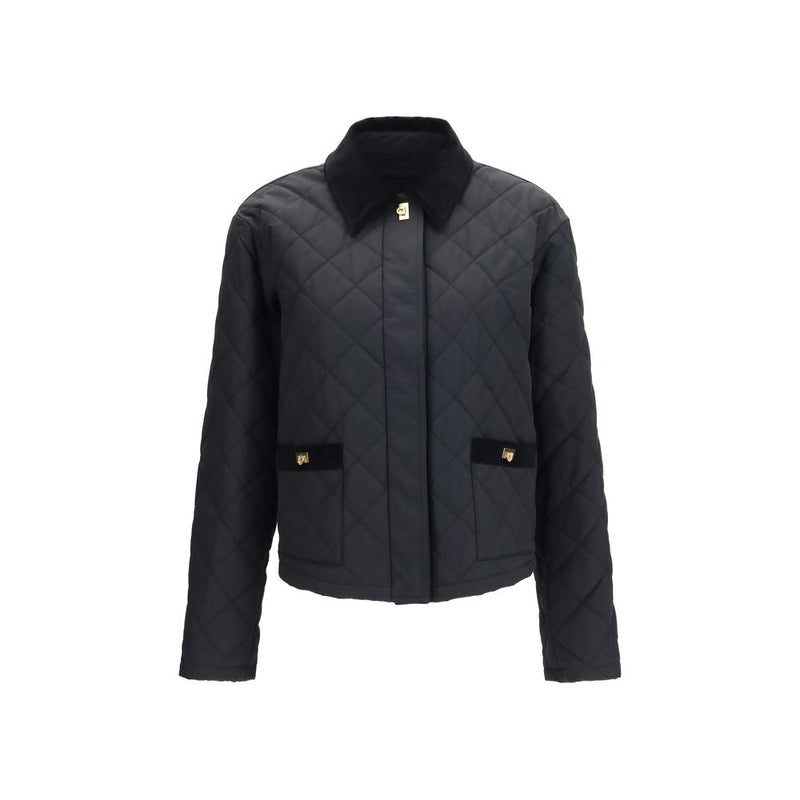 Ferragamo Black Cotton Full-Length Jacket with Gancini Buckles
