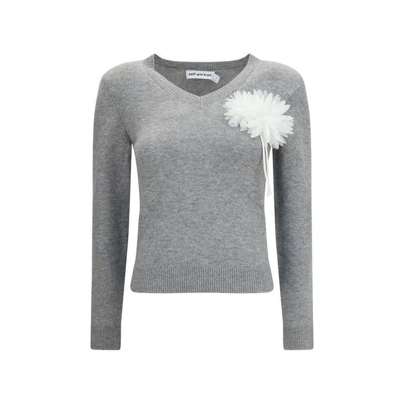 Self-Portrait Gray Cashmere Sweater with Floral Corsage