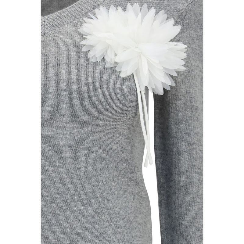Self-Portrait Gray Cashmere Sweater with Floral Corsage