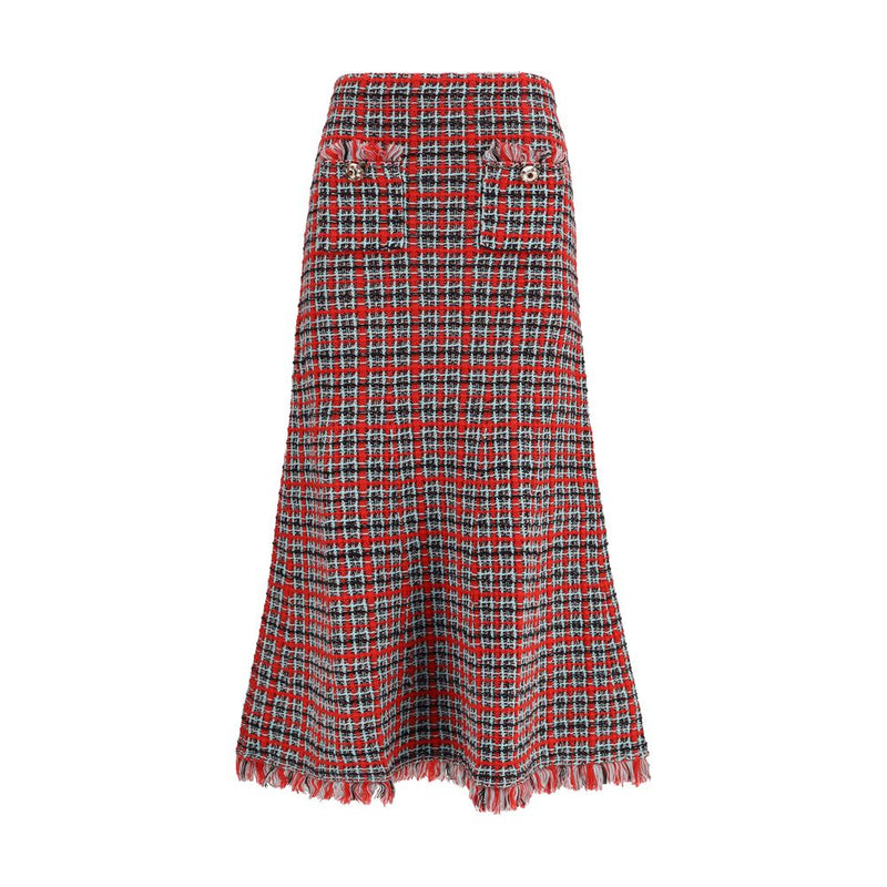 Self-Portrait Red Cotton Midi Skirt with Frayed Edges
