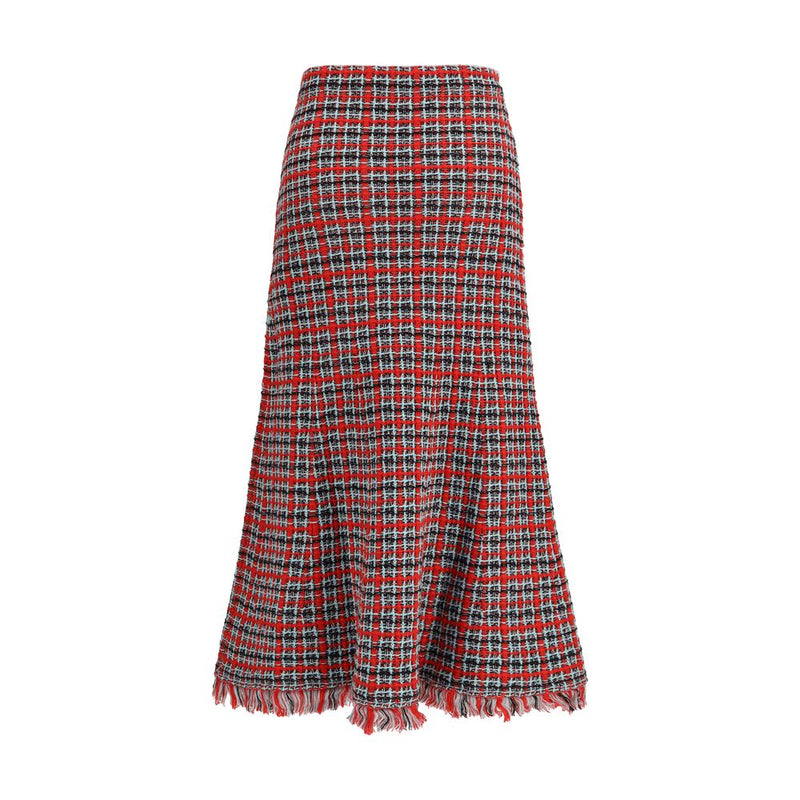 Self-Portrait Red Cotton Midi Skirt with Frayed Edges