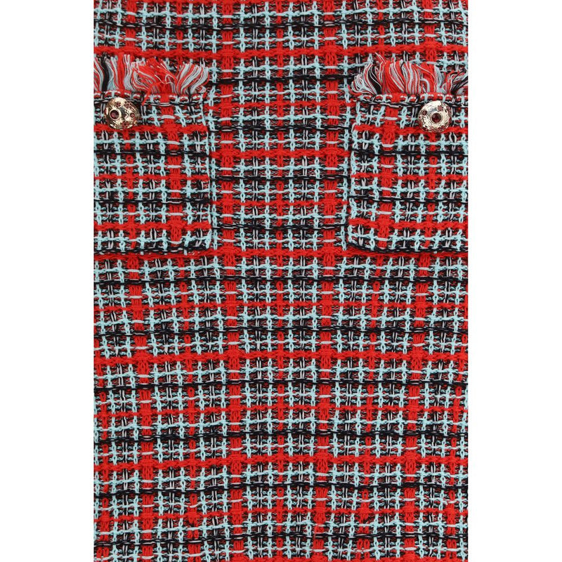 Self-Portrait Red Cotton Midi Skirt with Frayed Edges