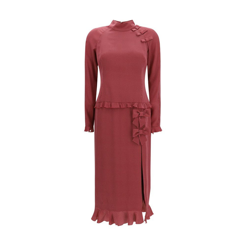 Alessandra Rich Bordeaux Silk Midi Dress with Appliqué Bows