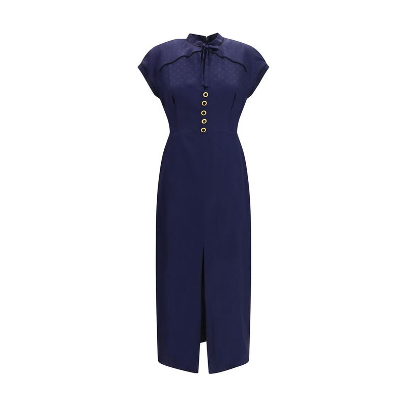 Alessandra Rich Blue Silk Casual Midi Dress with Contrast Piping