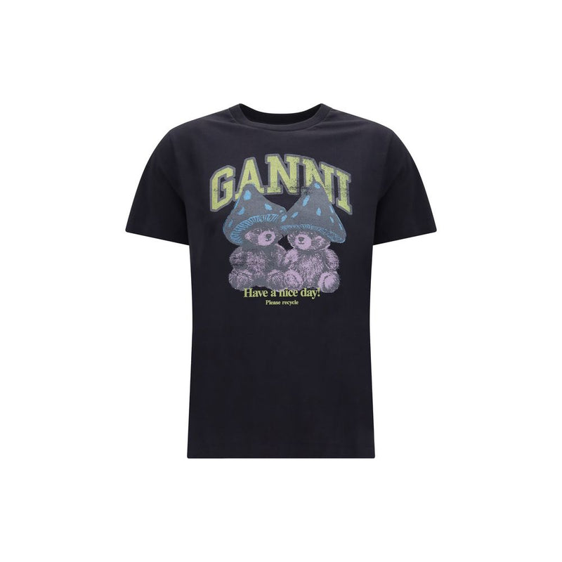 Ganni Gray Cotton T-Shirt with Mushroom Teddy Graphic