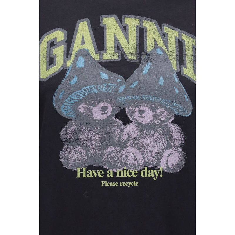 Ganni Gray Cotton T-Shirt with Mushroom Teddy Graphic
