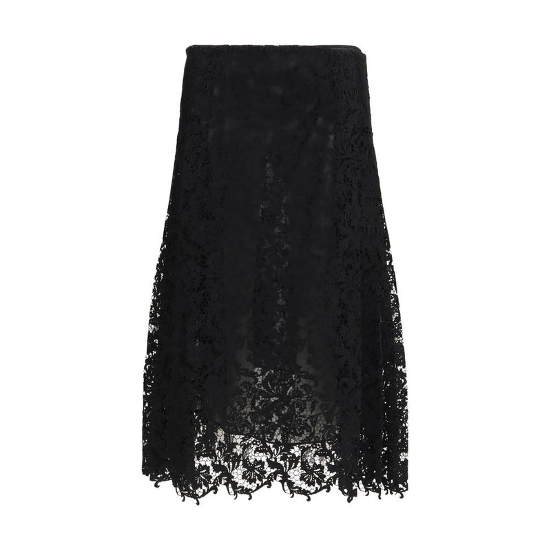 Fendi Black Silk Midi Skirt with Macramé Lace