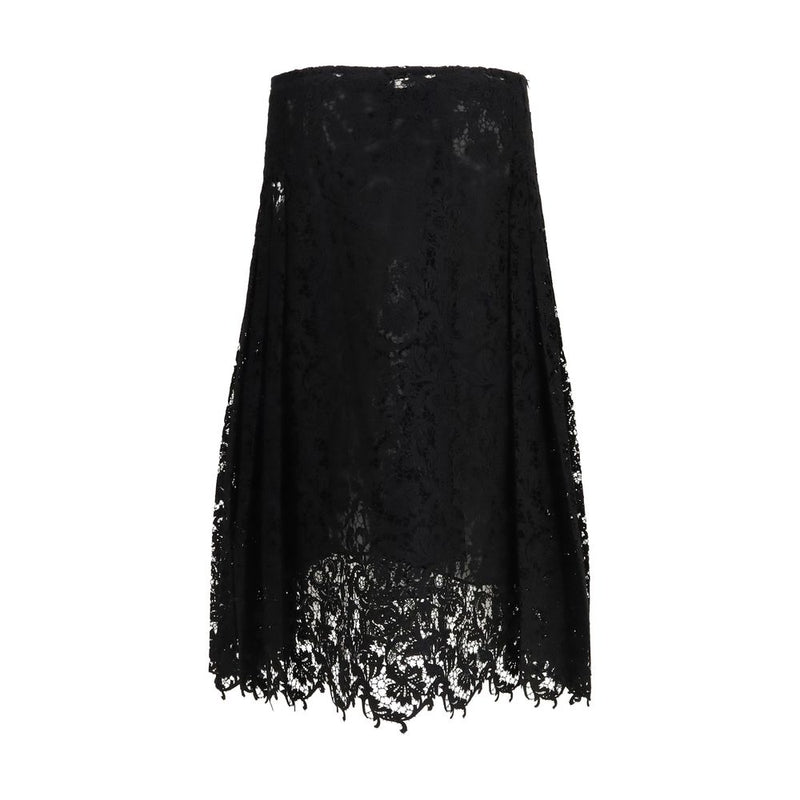 Fendi Black Silk Midi Skirt with Macramé Lace