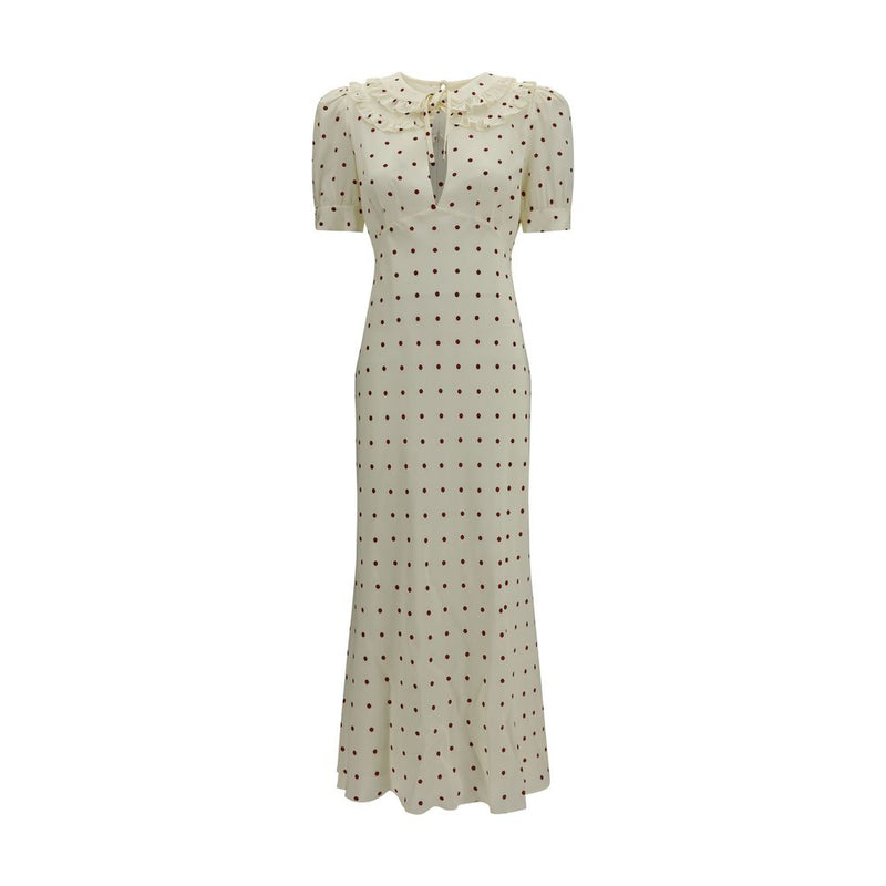 Alessandra Rich Beige Silk Midi Dress with Polka Dots