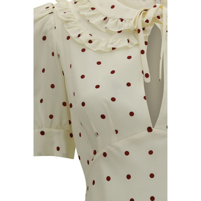 Alessandra Rich Beige Silk Midi Dress with Polka Dots
