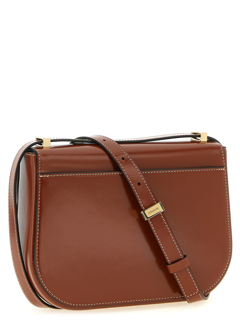 Ferragamo Double Gancini Brown Calfskin Crossbody Bag