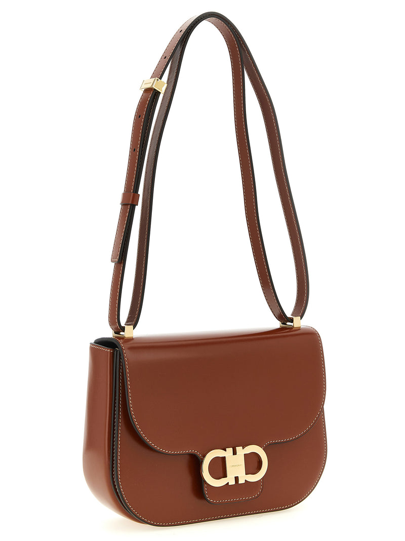 Ferragamo Double Gancini Brown Calfskin Crossbody Bag