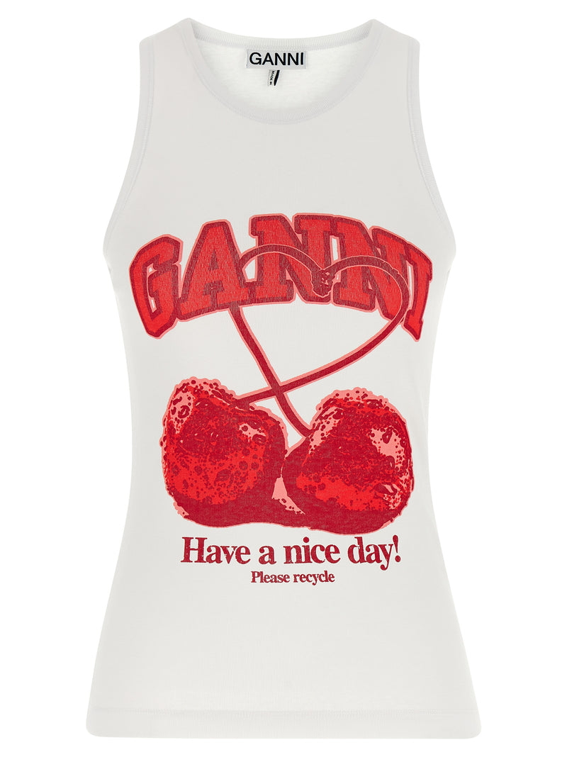 Ganni Red Organic Cotton Tank Top with Cherry Print