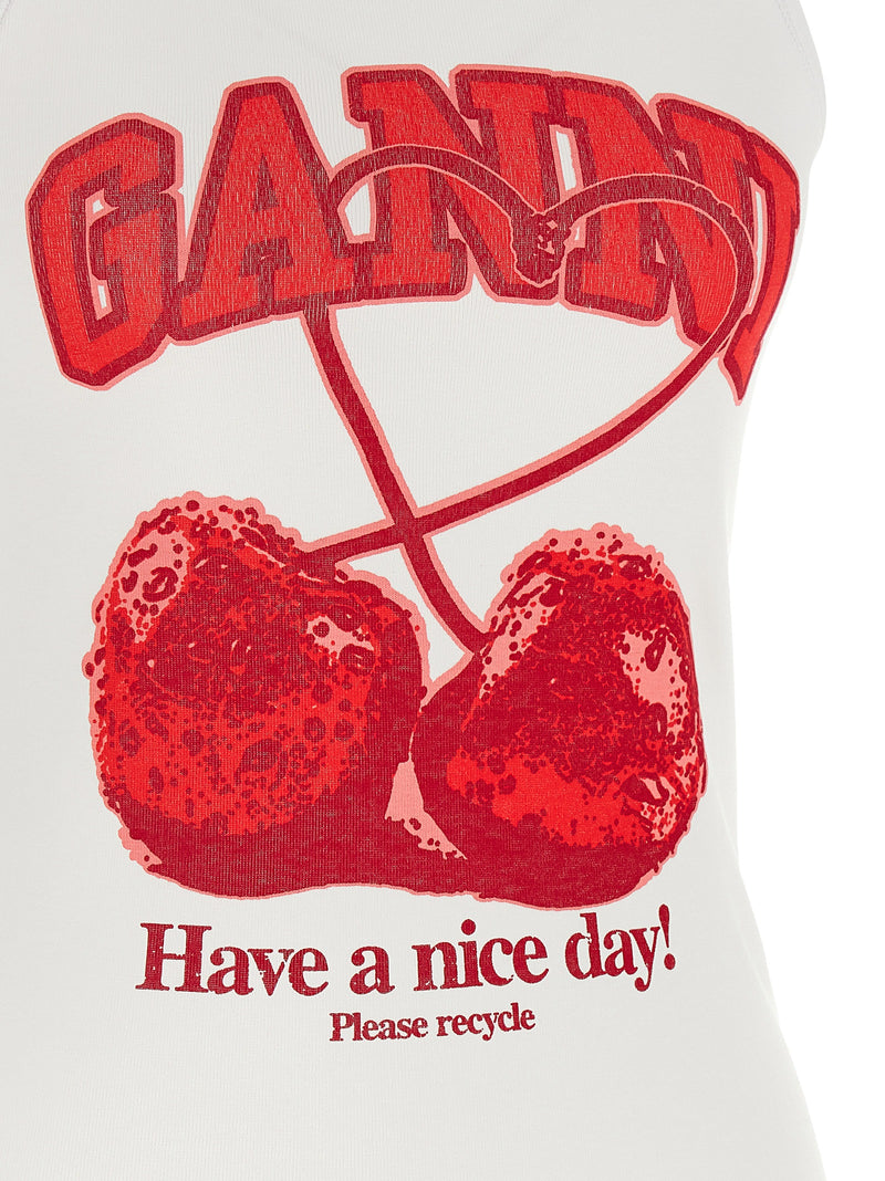 Ganni Red Organic Cotton Tank Top with Cherry Print
