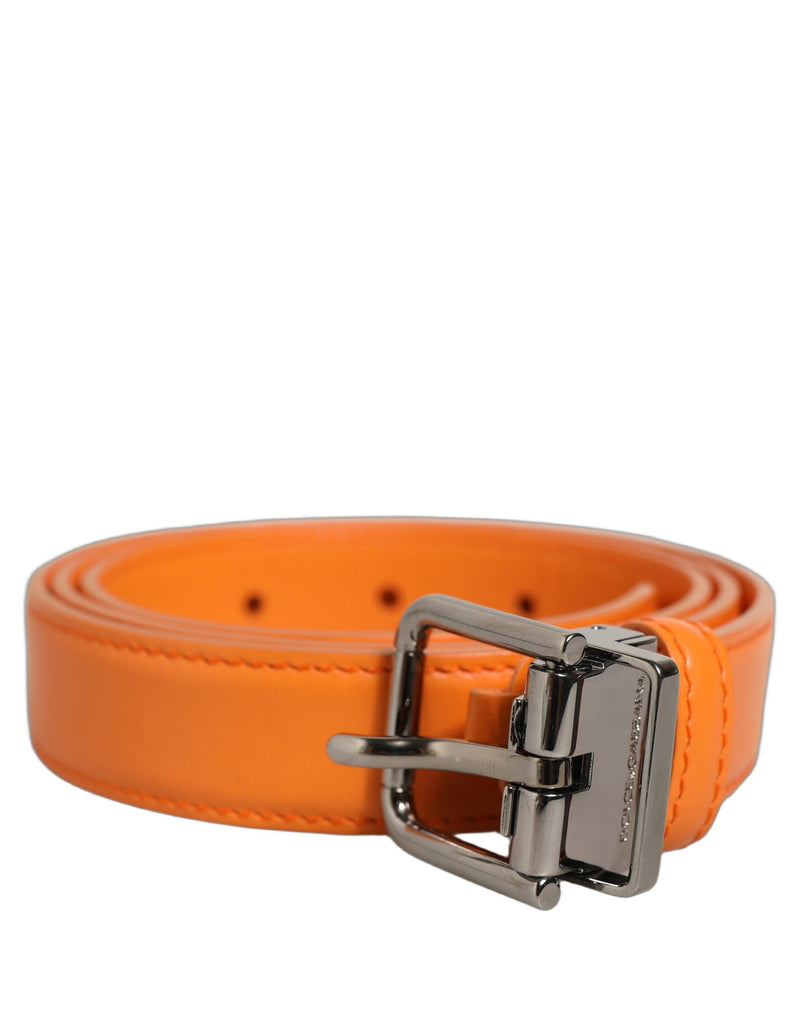 Dolce & Gabbana Orange Leather Belt with Silver Tone Buckle