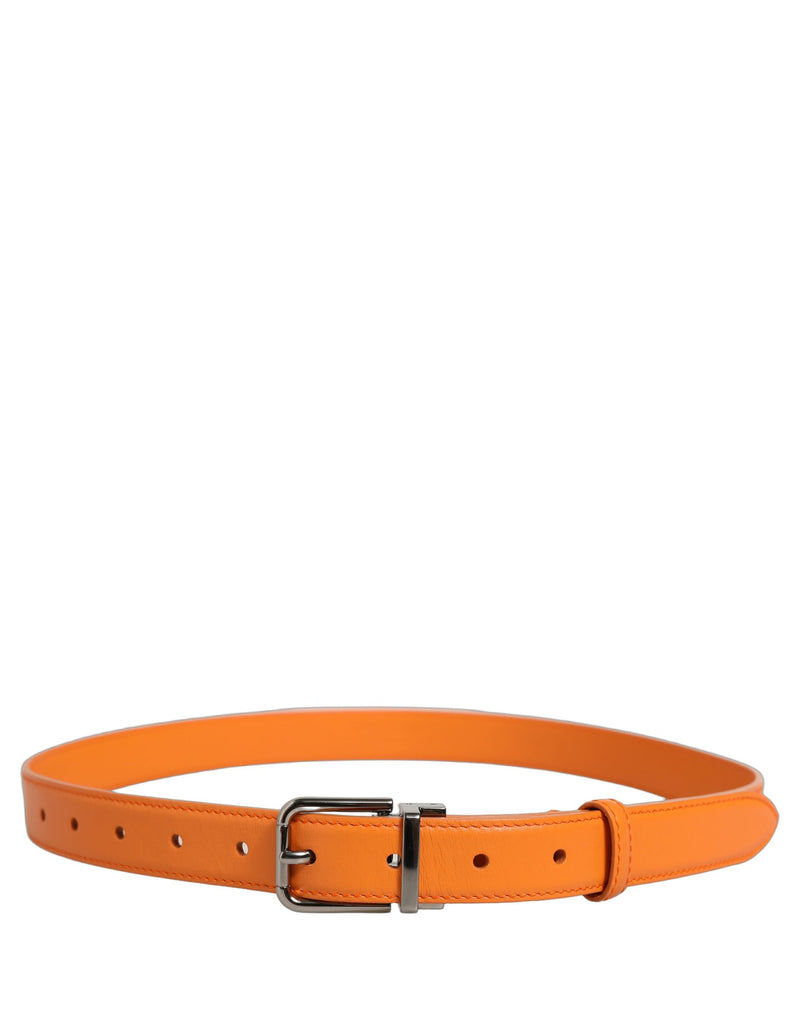 Dolce & Gabbana Orange Leather Belt with Silver Tone Buckle