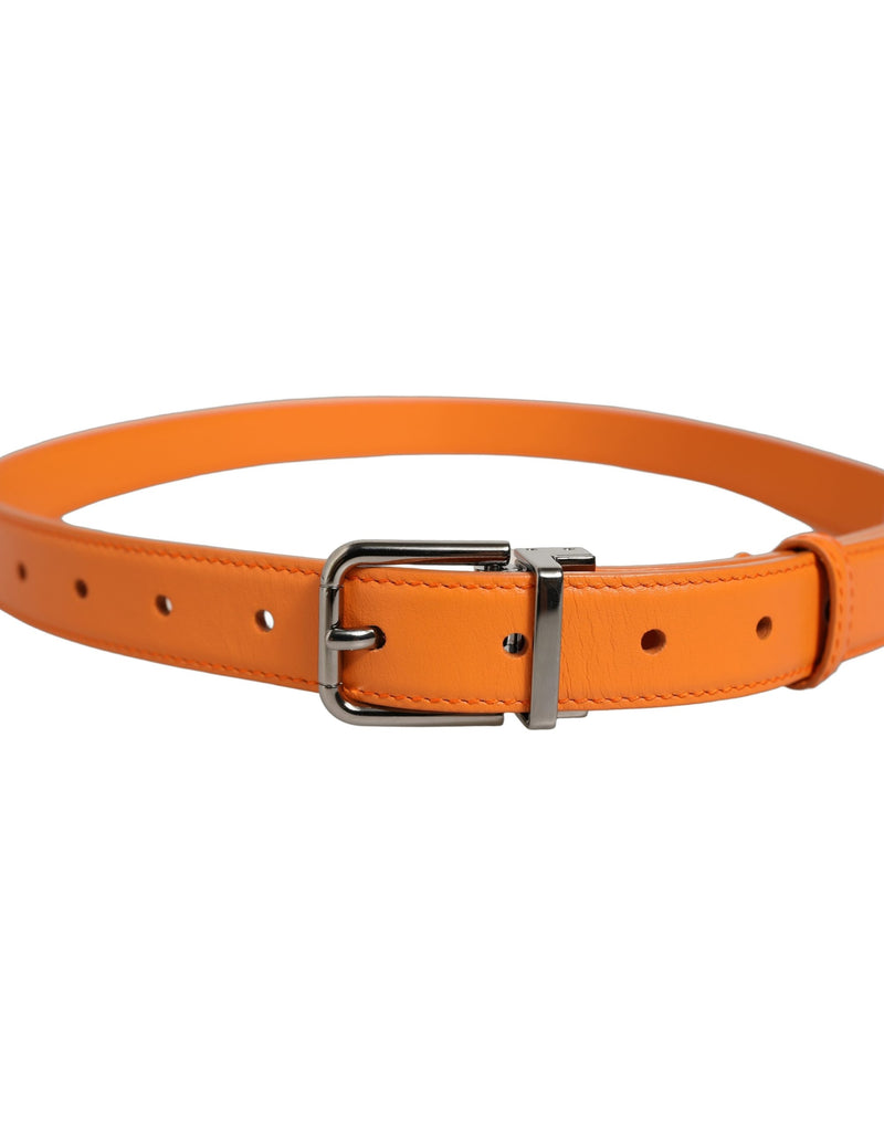 Dolce & Gabbana Orange Leather Belt with Silver Tone Buckle