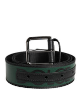 Dolce & Gabbana Black Green Logo Silver Tone Metal Buckle Belt