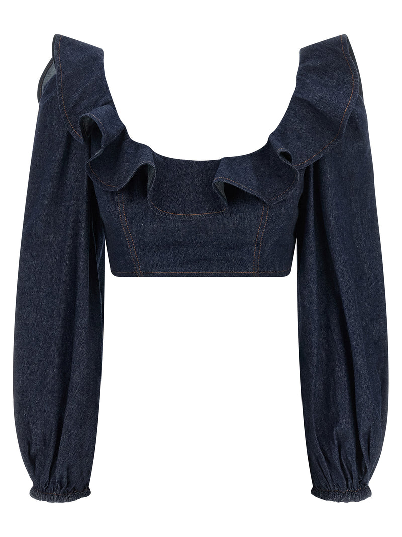 Zimmermann Aster Blue Denim Shirt with Ruffles