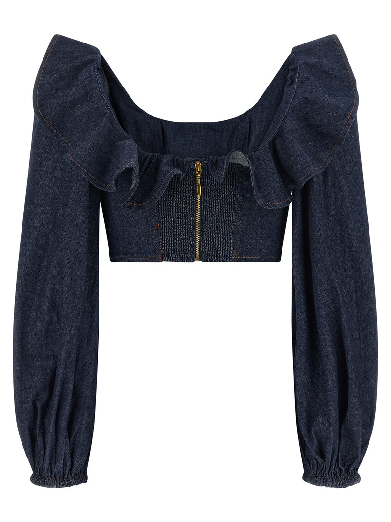 Zimmermann Aster Blue Denim Shirt with Ruffles
