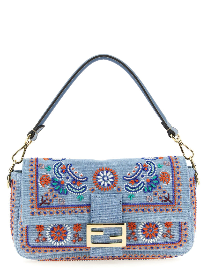 Fendi Baguette® Medium Blue Cotton Shoulder Bag