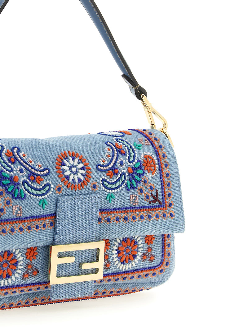 Fendi Baguette® Medium Blue Cotton Shoulder Bag