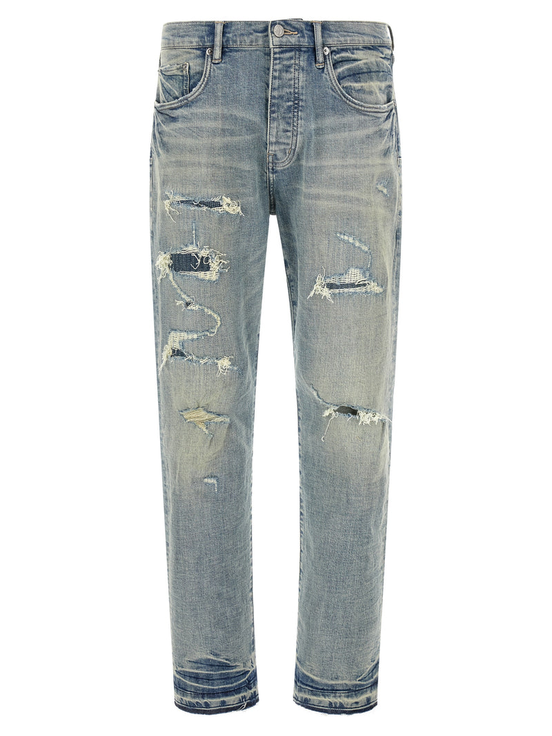 PURPLE P005 Blue Cotton Tapered Jeans for Men