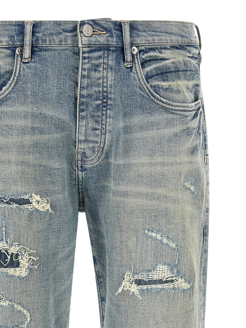 PURPLE P005 Blue Cotton Tapered Jeans for Men