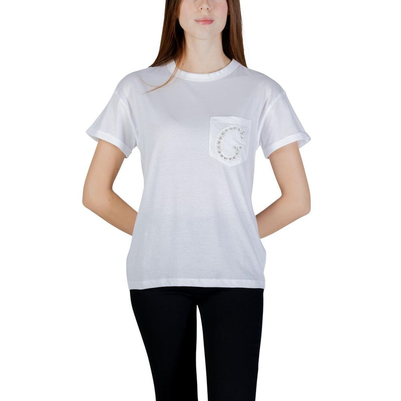 Guess SS CN Pocket G Logo Tee - White Cotton T-Shirt for Women