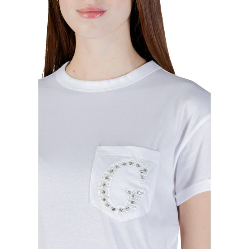 Guess SS CN Pocket G Logo Tee - White Cotton T-Shirt for Women