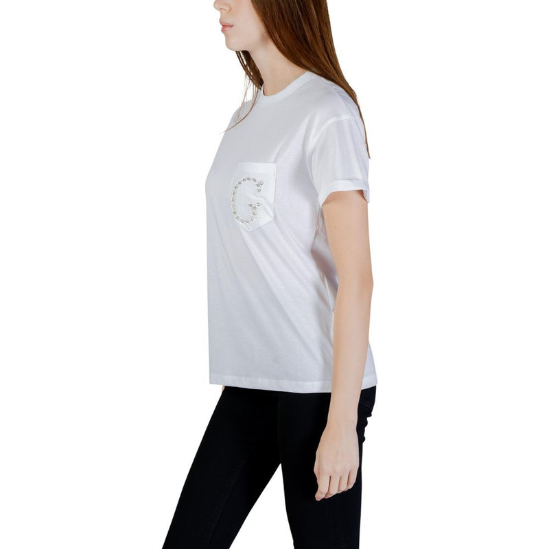 Guess SS CN Pocket G Logo Tee - White Cotton T-Shirt for Women