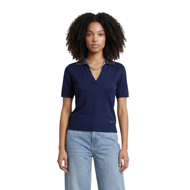 Guess Blue Wool T-Shirt for Women - SS RHINESTONES POLO STORMI SWT