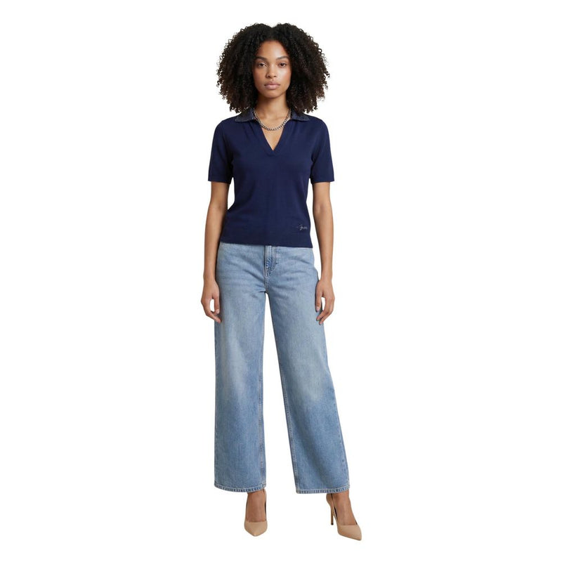 Guess Blue Wool T-Shirt for Women - SS RHINESTONES POLO STORMI SWT