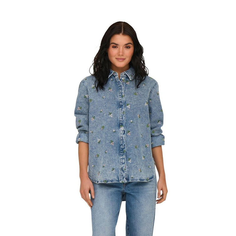 Only Light Blue Cotton Blouse - Elegant Floral Embroidery