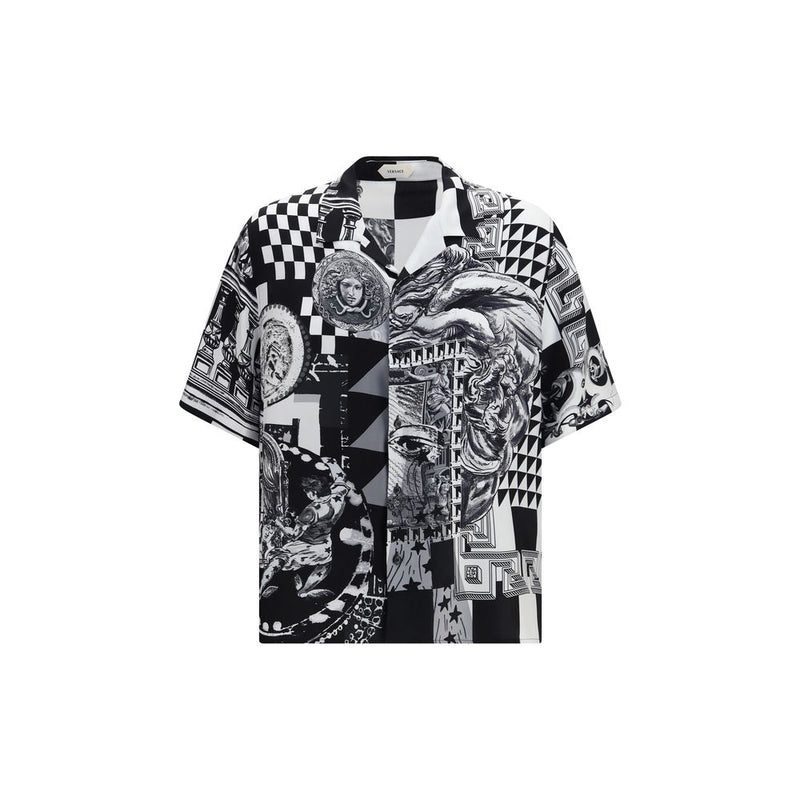 Versace Black Silk Shortsleeve Shirt with Medusa Collage Print