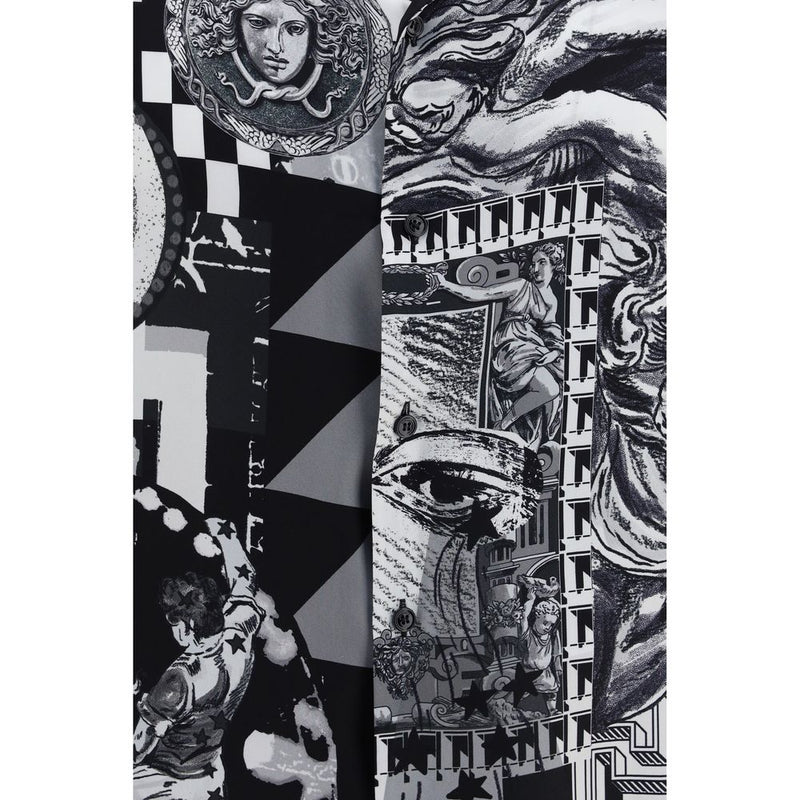 Versace Black Silk Shortsleeve Shirt with Medusa Collage Print